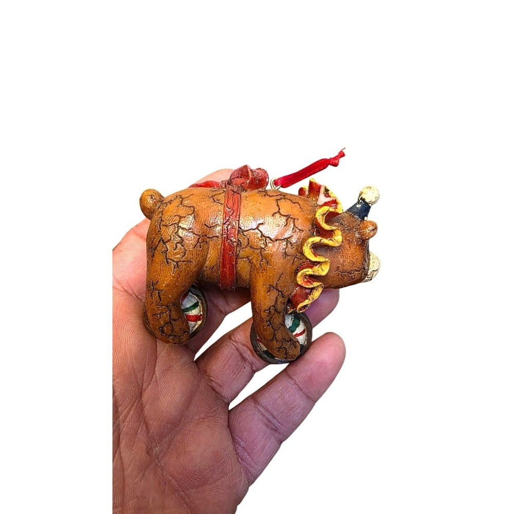 Vintage‎ Ornament Brown Circus Bear Figurine On Wheels Red Bow & Clown Hat